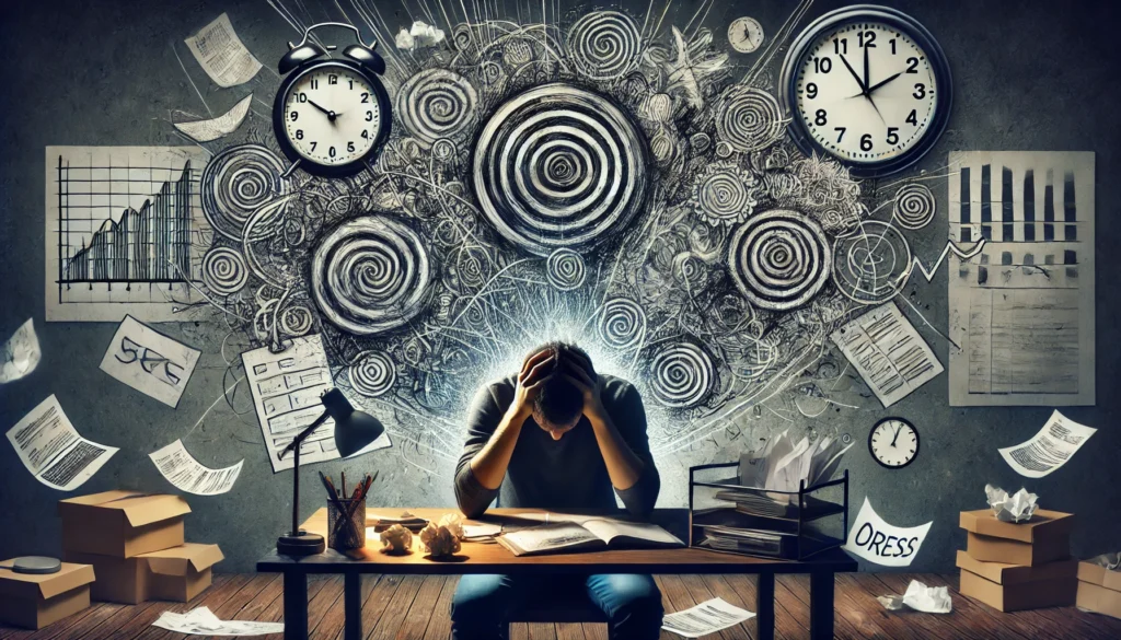 Adelaide Stress Management Counselling and CBT, A person sitting at a desk, overwhelmed, with hands on their head, surrounded by chaotic symbols representing mental stress—spirals, tangled lines