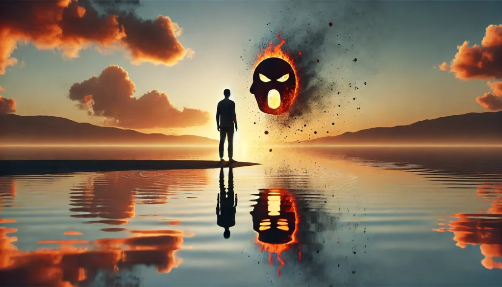 cbt anger management, A calm and serene scene of a person standing at the edge of a tranquil lake, reflecting a peaceful sunset. In the background, fading fiery symbols