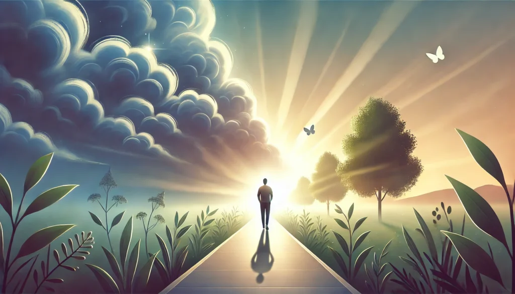 anxiety counselling adelaide, Acceptance and Commitment Therapy, A peaceful scene of a person walking along a calm path at sunrise, symbolizing the journey of overcoming anxiety with CBT. The individual is walking