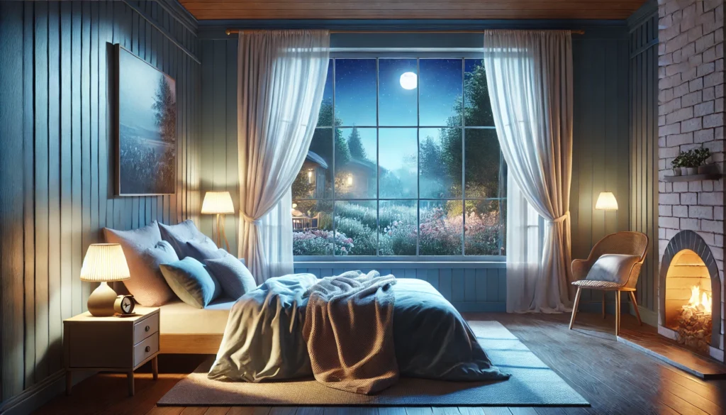 Cognitive Behavioral Therapy (CBT) for insomnia, A tranquil nighttime landscape showing a peaceful bedroom setting with soft moonlight streaming through a large window, illuminating a cozy bed