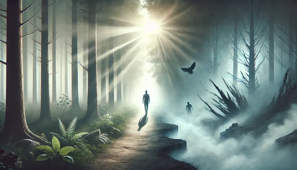 CBT trauma therapy, A misty forest with a path cutting through the fog, symbolizing the journey through trauma therapy. A figure walks confidently down the path