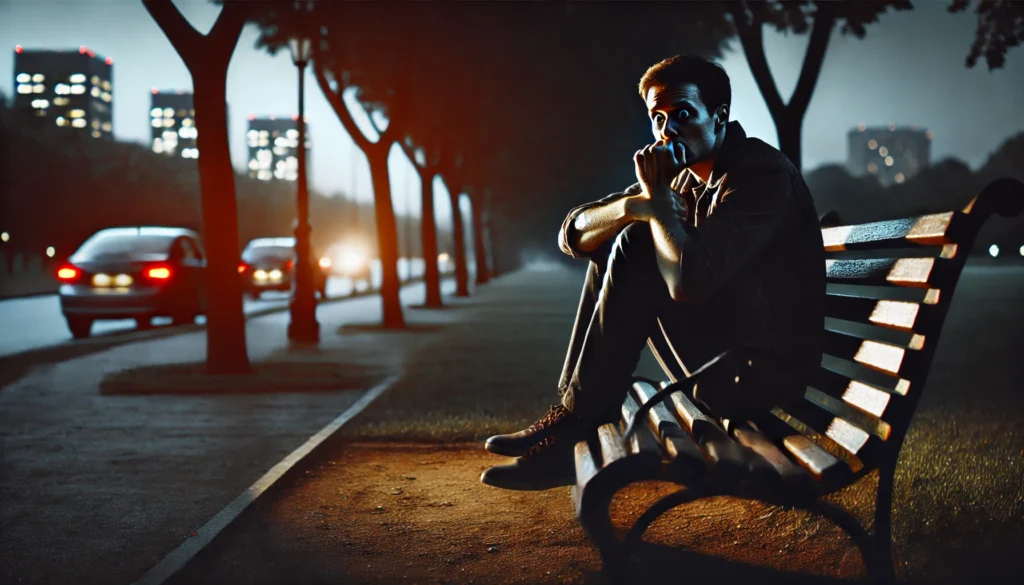 Panic Disorder, A person sitting alone on a park bench at dusk, gripping the edge of the seat, reflecting intense anxiety. The individual's face shows fear,